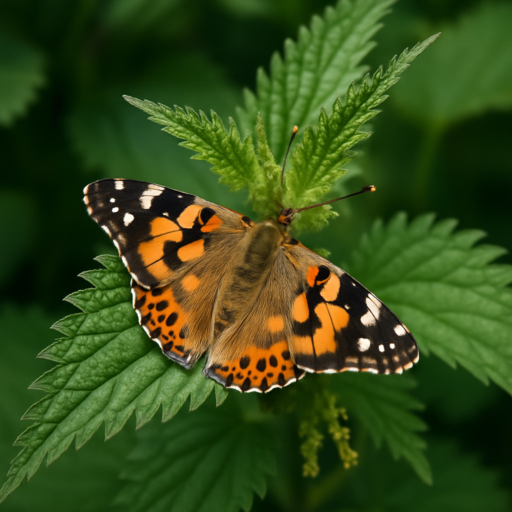 a vunerable butterfly sits on a stinging nettle - a poingnant symbol of vunerability to strength