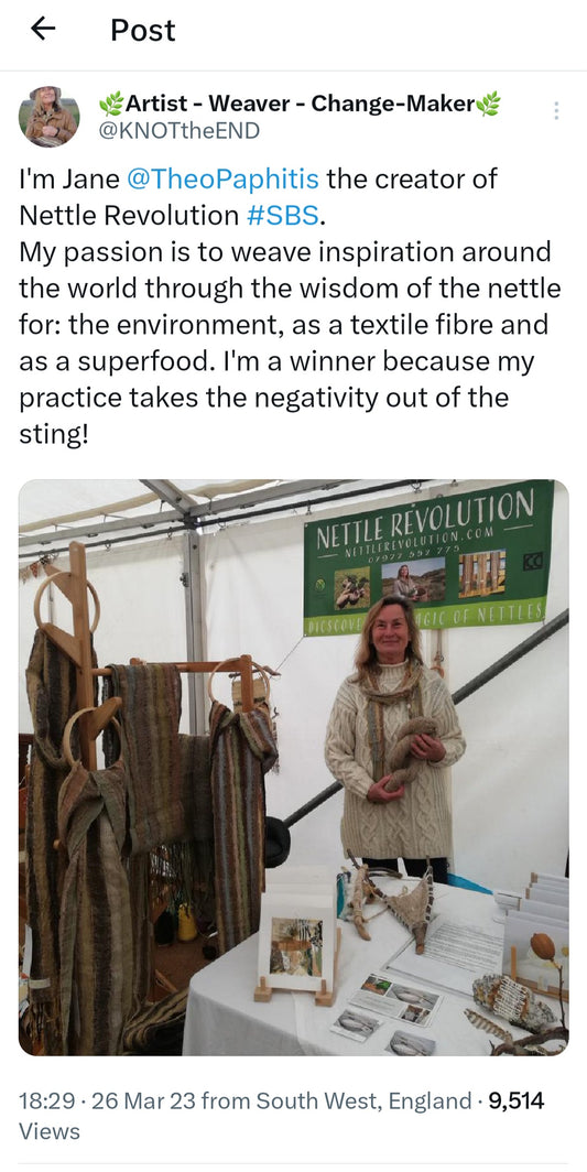 Winning tweet sent to Theo Paphitis by Twitter/X about Nettle Revolutions mission to take the sting out of the nettle plant and use for fibre against fast fashion, to benefit both the environment and personal health